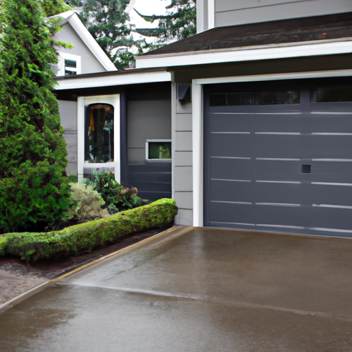 Modern Kirkland home with a partially open single-car garage door on a wet overcast morning