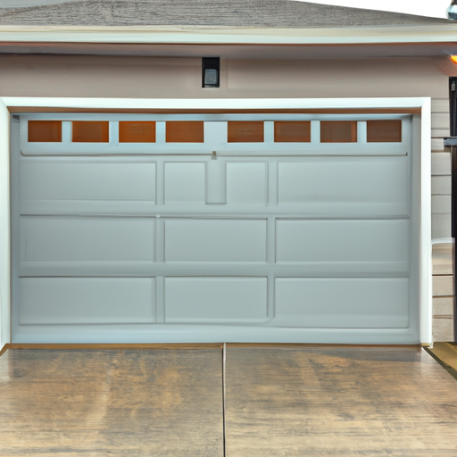 Sectional garage door on a Kirkland, WA suburban home on an overcast day with a wet driveway, no people.