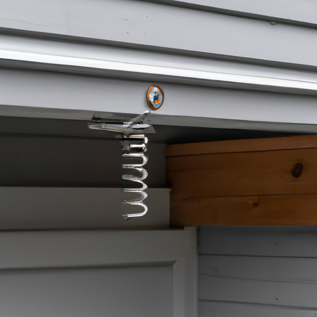 Close-up of a clean garage door torsion spring mounted above a suburban garage door in Kirkland, Washington