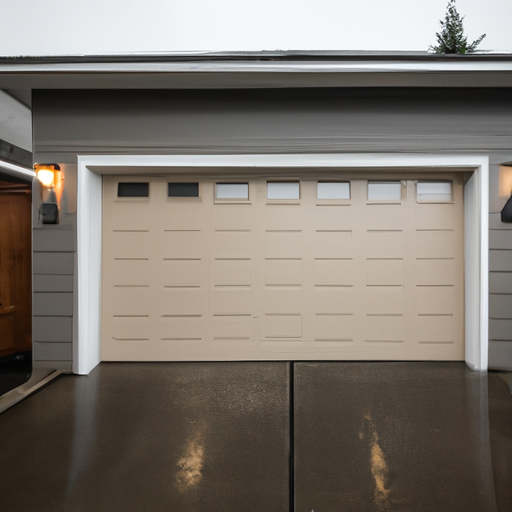 Suburban Kirkland driveway with a closed residential garage door under overcast Pacific Northwest sky, wet pavement visible.