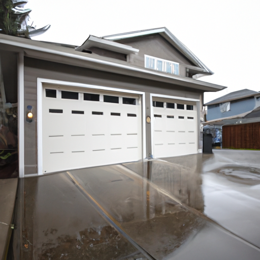 Closed residential garage door in Kirkland, WA with visible weather seals, wet driveway, and house facade on an overcast day.
