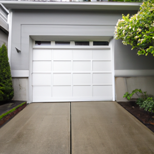 Residential white paneled garage door on a modern house in Kirkland, WA with wet driveway and evergreen landscaping.