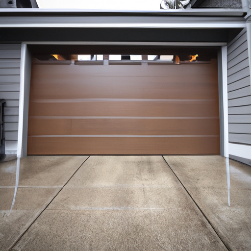 Overcast editorial photo of a closed modern garage door on a cedar-sided Kirkland home with wet pavement and visible tracks.