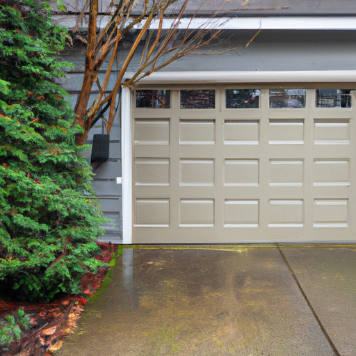 Sectional garage door closing on a wet Kirkland, WA street with evergreen trees and overcast sky.