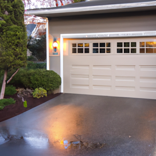 Suburban Kirkland home at golden hour with a modern garage door and lake reflections in the background.