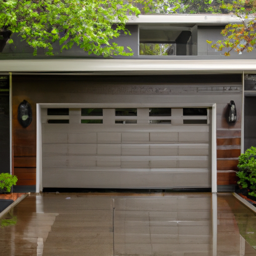 Wet driveway and steel carriage-style garage door on a Kirkland home on an overcast day.