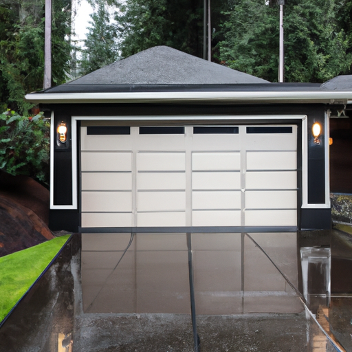 Suburban Kirkland home exterior with a modern sectional garage door, wet driveway, and evergreen backdrop under overcast sky.