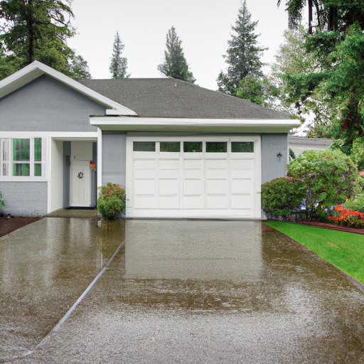 Editorial image of a Kirkland suburban garage with a closed sectional door, wet driveway, and evergreen planting.