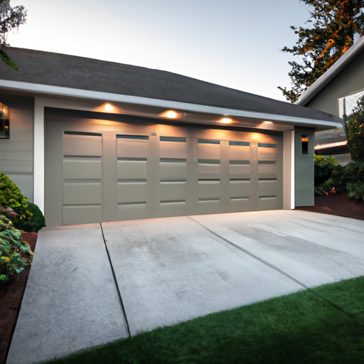 Secional garage door on a Kirkland, WA home at golden hour with evergreen landscaping; no people.