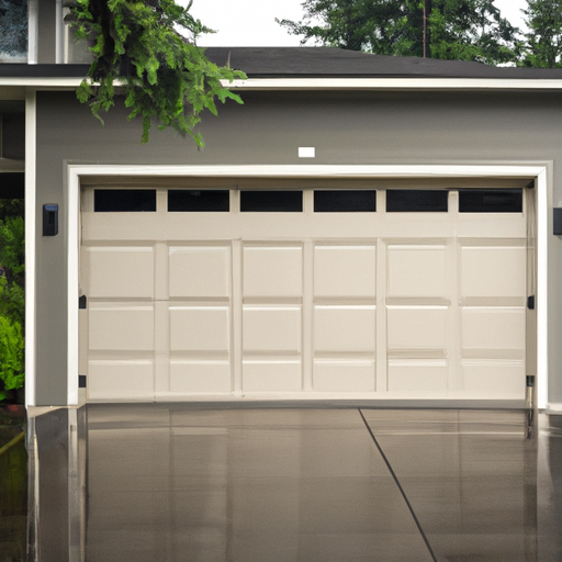 Modern garage door on a Kirkland, WA residential driveway with evergreen background and wet pavement.