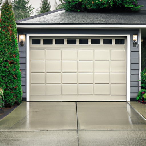 Modern steel garage door closed on a residential home in Kirkland, WA with wet pavement and evergreen landscaping