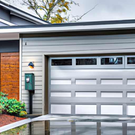 Modern garage door on a Kirkland home with visible smart opener hardware, keypad, and camera under overcast light.