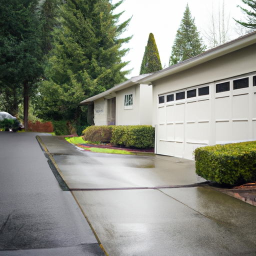 Kirkland residential street with a visible closed garage door on an overcast day; wet pavement and evergreen landscaping.