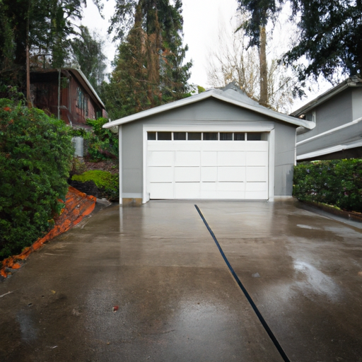 Closed residential garage door in Kirkland, WA on an overcast day showing bottom seal and wet pavement.
