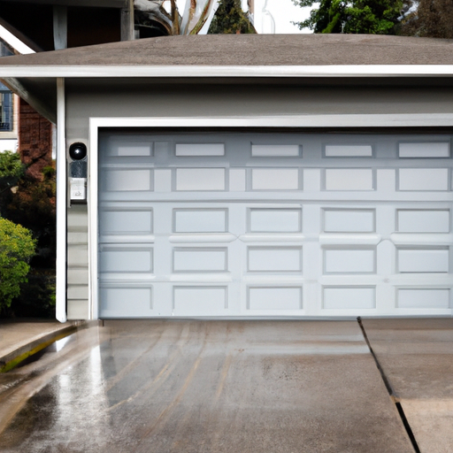Sectional garage door closed on a suburban Kirkland driveway with wet pavement and lake light
