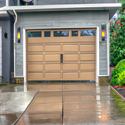 Contemporary steel garage door half-open in a rainy Kirkland neighborhood, showing door panels and track.