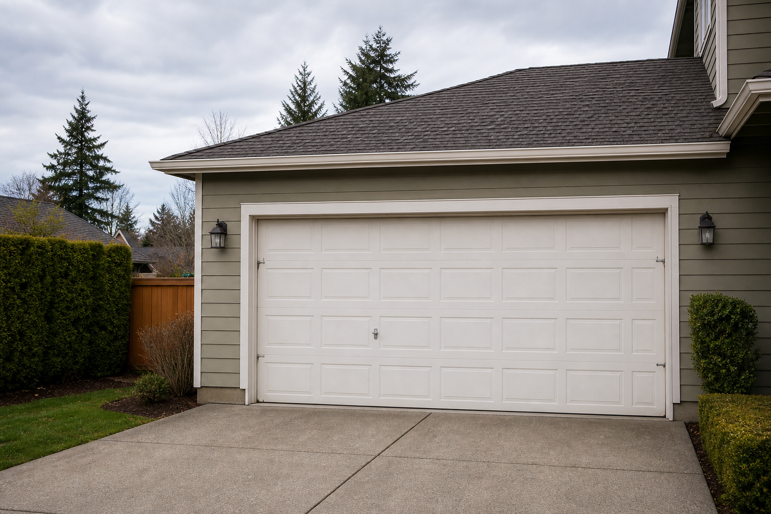 Garage door exterior on a cloudy day in Kirkland, WA with visible wear on hardware